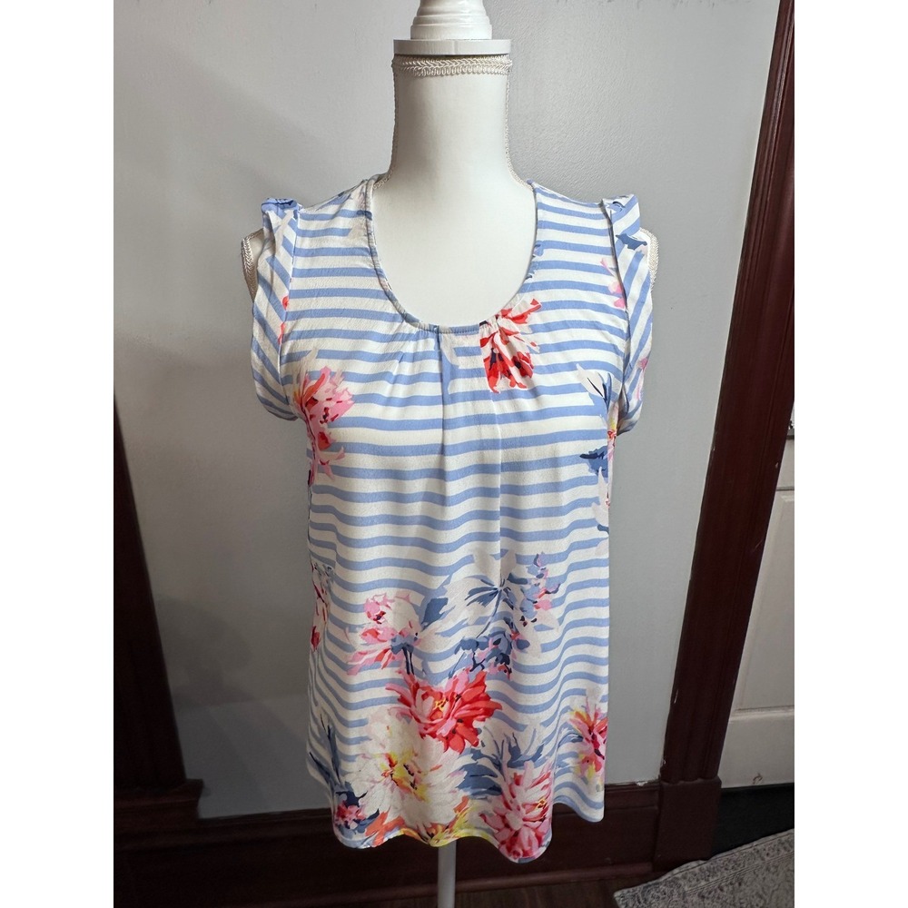 Joules Alyse Floral Stripe Sleeveless Blouse Blue White Ruffle Top US 6